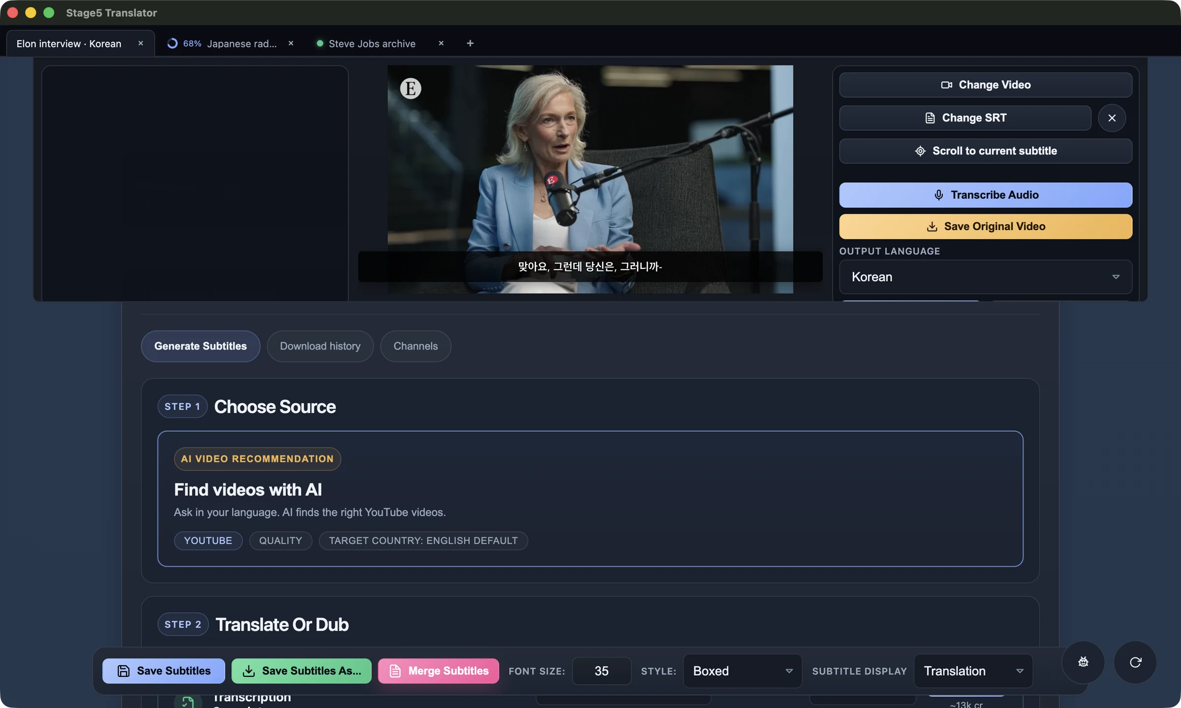 Translator desktop workspace with video and subtitle tools
